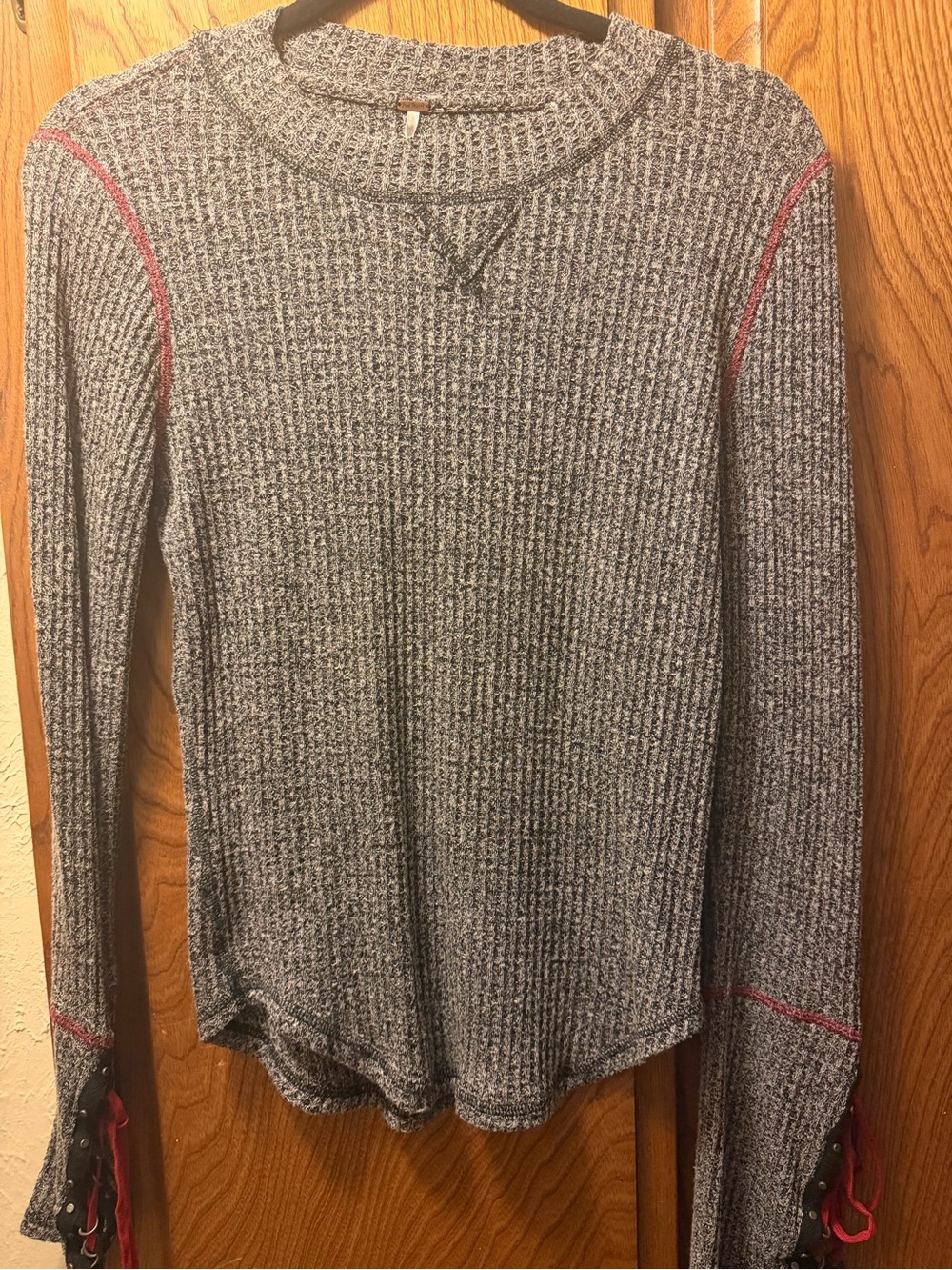 Free People Gray Ribbed Long-Sleeve Top with Pink Contrast Stitching
